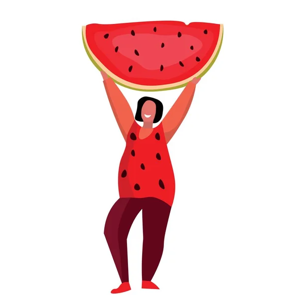 Woman Big Watermelon Slice White Background — Stock Vector