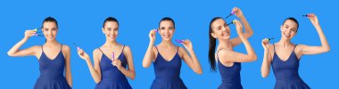 Set of beautiful young woman with mascara on blue background