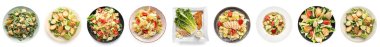 Set of tasty Caesar salad isolated on white, top view