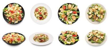Set of tasty Caesar salad isolated on white