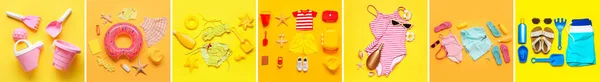 Kolekce Plážových Doplňků Oblečení Hraček Malých Dětí Žlutém Pozadí — Stock fotografie