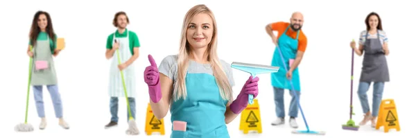 Set People Cleaning Supplies Isolated White — Foto Stock