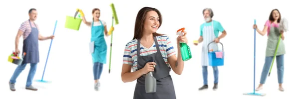 Set People Cleaning Supplies Isolated White — Zdjęcie stockowe