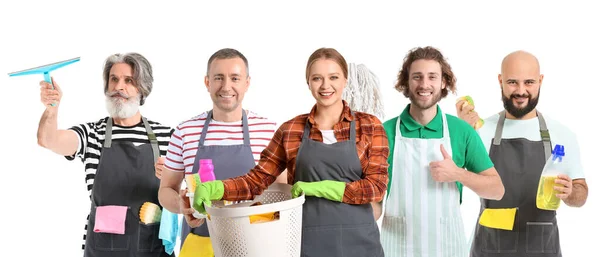 Set People Cleaning Supplies Isolated White — Foto Stock