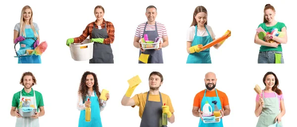 Set People Cleaning Supplies Isolated White — ストック写真