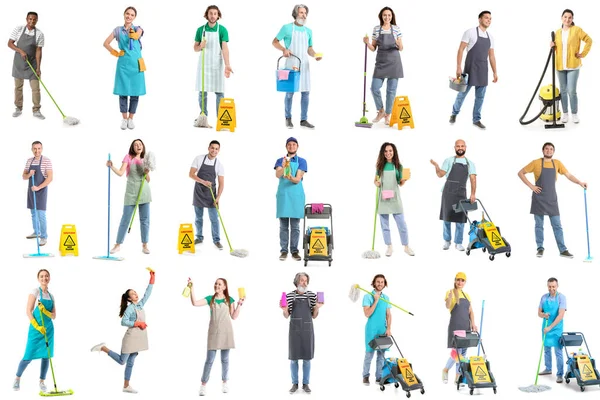 Set People Cleaning Supplies Isolated White — Stock Fotó