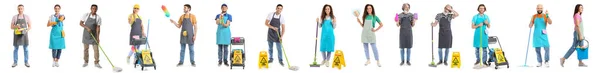 Set People Cleaning Supplies Isolated White — стоковое фото