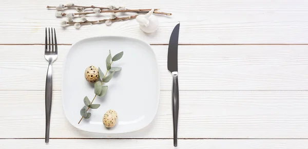 Beautiful Easter Table Setting Quail Eggs White Wooden Background Space — Stockfoto