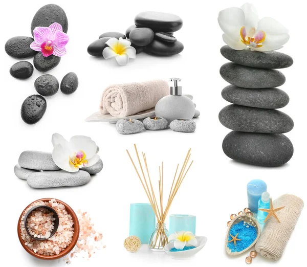 Set of spa supplies isolated on white