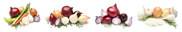 Collage Different Fresh Onions Vegetables White Background — Foto Stock