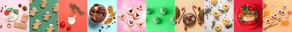 Set Sweet Christmas Desserts Color Background — Stock fotografie