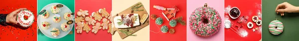 Set Tasty Christmas Desserts Color Background — Fotografia de Stock