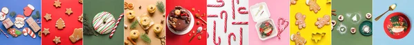 Set Traditional Christmas Desserts Color Background — Stockfoto