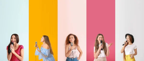 Set Van Verschillende Jonge Vrouwen Met Microfoons Kleur Achtergrond — Stockfoto
