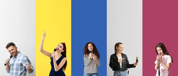 Renkli Arka Planda Mikrofonları Olan Bir Grup Farklı Insan — Stok fotoğraf