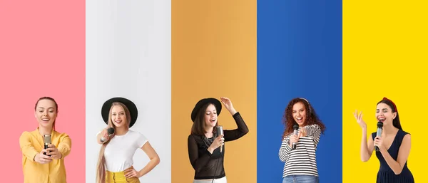 Set Different Young Women Microphones Color Background — Stockfoto