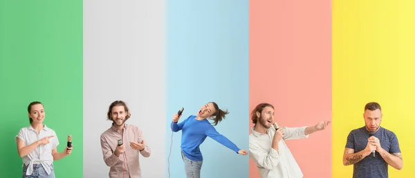 Set Different People Microphones Color Background — стоковое фото