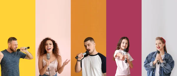 Set Van Verschillende Mensen Met Microfoons Kleur Achtergrond — Stockfoto