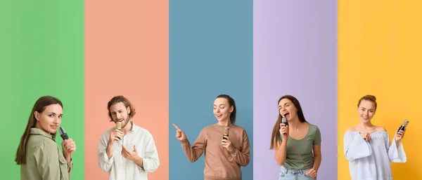 Set Different People Microphones Color Background — Φωτογραφία Αρχείου