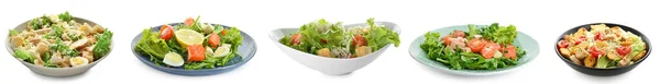 Set Tasty Caesar Salad Isolated White — стоковое фото