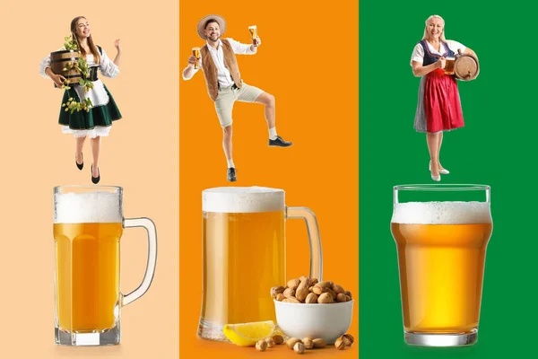 Collage Octoberfest Waitresses Man Big Glasses Fresh Beer Color Background — Stock fotografie