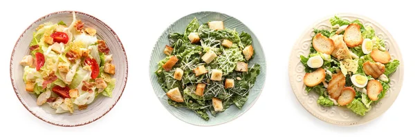 Set Tasty Caesar Salad Isolated White Top View — Foto Stock