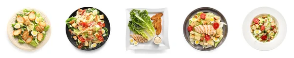 Set Tasty Caesar Salad Isolated White Top View — 图库照片