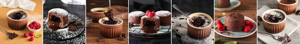 Collage Tasty Chocolate Lava Cakes Table — Stock fotografie