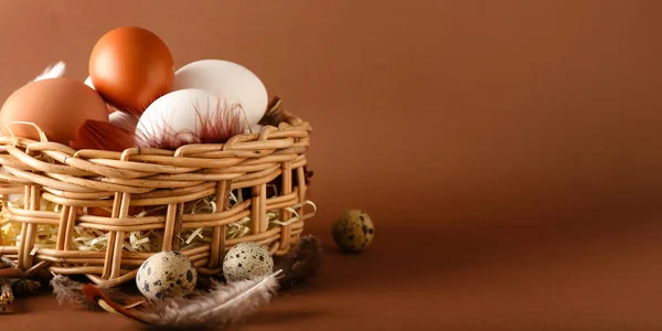 Basket Chicken Quail Eggs Brown Background Space Text — Stock Photo, Image