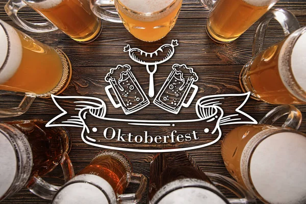 Poster for Oktoberfest with many mugs of cold beer on wooden background