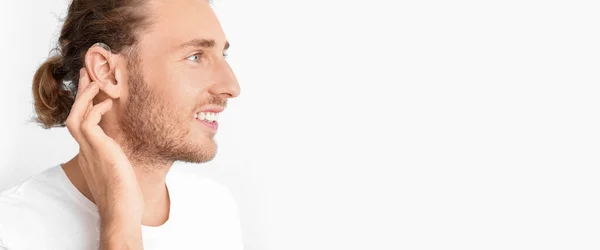 Young Man Hearing Aid White Background Banner Design — Stok Foto