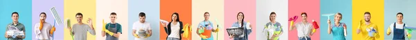 Set People Cleaning Supplies Laundry Color Background — 图库照片