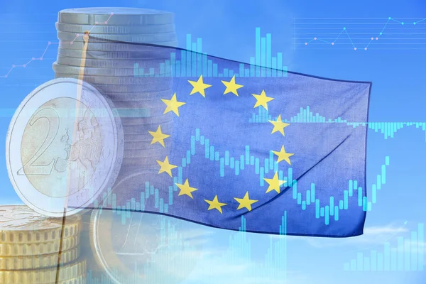Double Exposure European Union Flag Blue Sky Coins — Foto de Stock