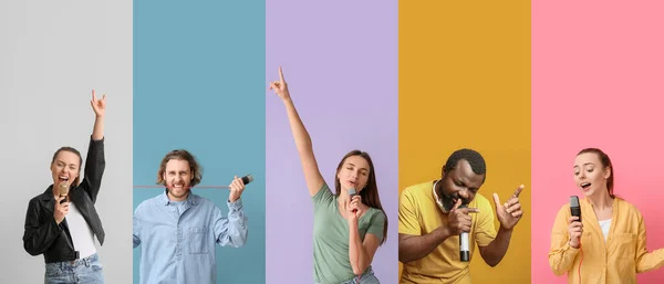 Set Different People Microphones Color Background — стоковое фото