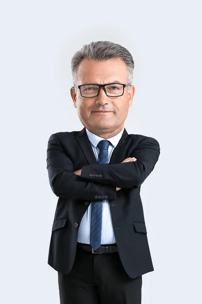 Portrait Funny Mature Businessman Big Head Light Background — Fotografia de Stock