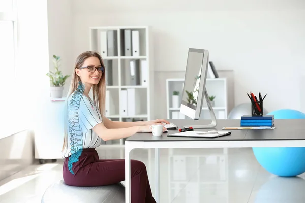 Young Businesswoman Sitting Fitball While Working Office — Stock Photo, Image