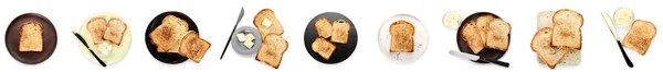 Set Tasty Toasted Bread Butter White Background — Stock Fotó