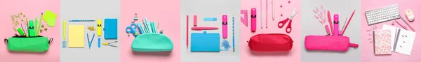 Collage Different School Supplies Color Background Flat Lay — Stock Fotó