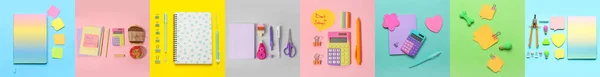 Collage Different School Supplies Color Background Flat Lay — Zdjęcie stockowe