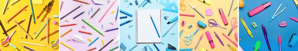 Collage Different School Supplies Color Background Flat Lay — Stock Photo, Image