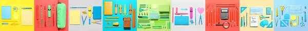 Collage Different School Supplies Color Background Flat Lay — Zdjęcie stockowe