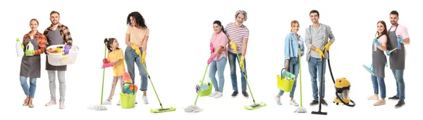 Set People Cleaning Supplies White Background — Zdjęcie stockowe