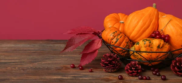 Basket Fresh Pumpkins Berries Fir Cones Wooden Table Color Background — Stock fotografie