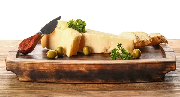 Wooden Board Pieces Tasty Parmesan Cheese Bread Olives Table White — 图库照片