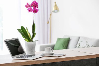 Modern laptop, güzel orkide çiçeği ve aydınlık odadaki masada bir fincan kahve.