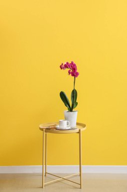 Orkide çiçeği, bir fincan kahve ve dergi sarı duvarın yanındaki odada.