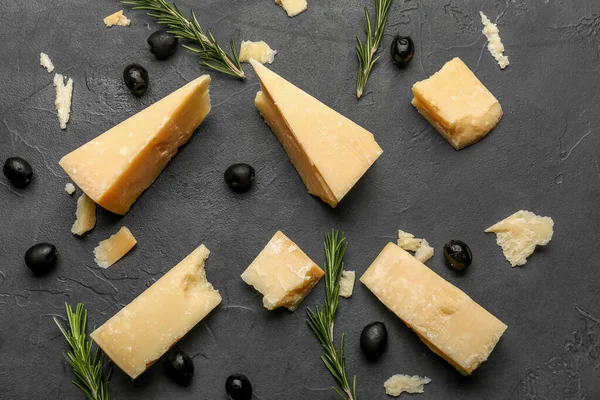 Composition Tasty Parmesan Cheese Rosemary Olives Black Background — Stock Photo, Image