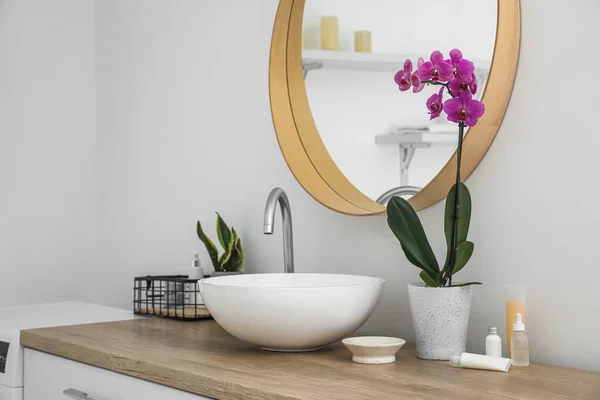 Modern Sink Orchid Flower Counter White Wall Bathroom — Photo