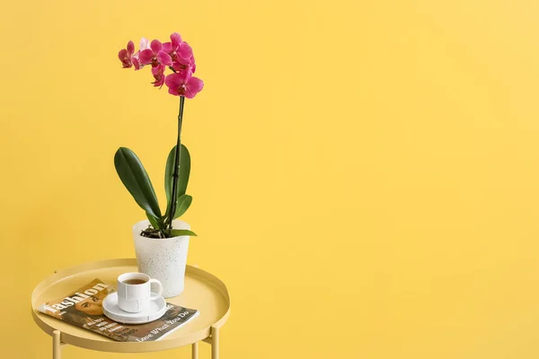Orchid Flower Cup Coffee Magazine Table Yellow Wall — Stok fotoğraf
