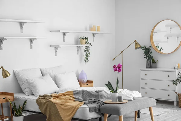 Stylish Interior Light Room Bed Houseplants White Wall — Stock Photo, Image